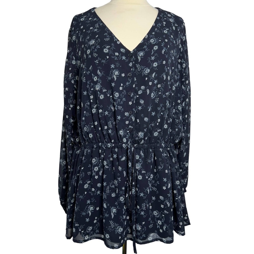 Torrid NWT Women's Peasant Top Blue/Gray Ruched Waist Long Sheer Sleeves Size 18